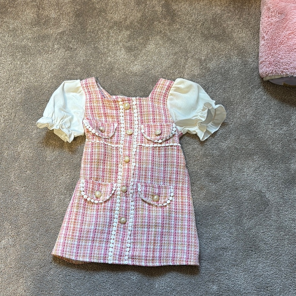 Pink and White Plaid Square Neck Puff Sleeve Knee-Length Sundress